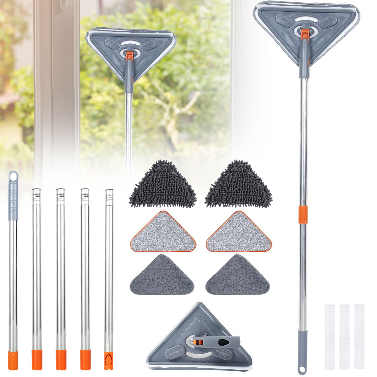 Un juego de trapeadores de pared giratorios de 360° con mangos extendidos y diversas cabezales de limpieza, junto a una venta