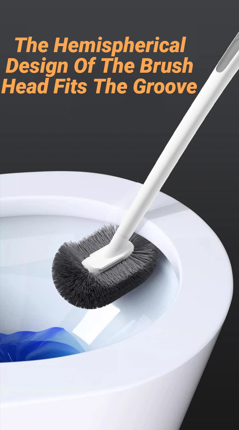 A white toilet brush with a hemispherical design is shown cleaning inside a white toilet bowl.