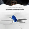 A blue fuzzy duster head is shown being used for cleaning, with text describing its removable and disassemblable design.