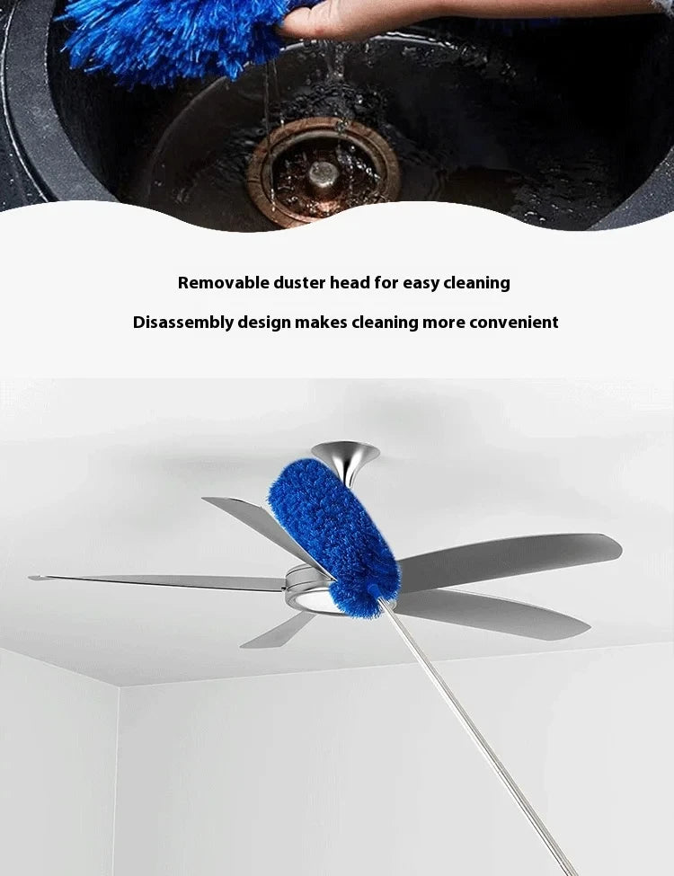 A blue fuzzy duster head is shown being used for cleaning, with text describing its removable and disassemblable design.