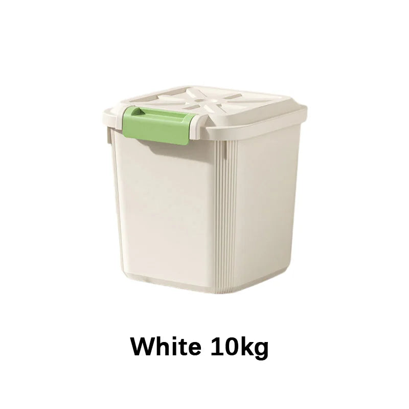 White 10kg airtight rice dispenser with a green lid.