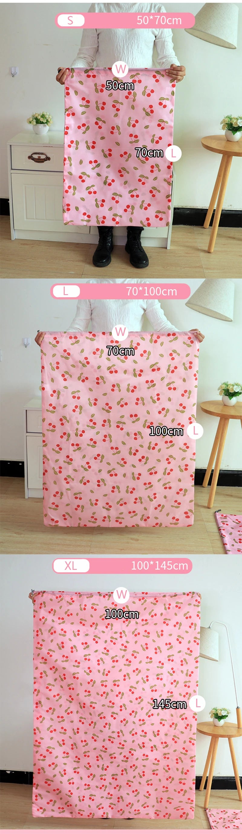 A series of pink fabric storage bags in various sizes, labeled S, W, L, and XL, displayed on a white cabinet.