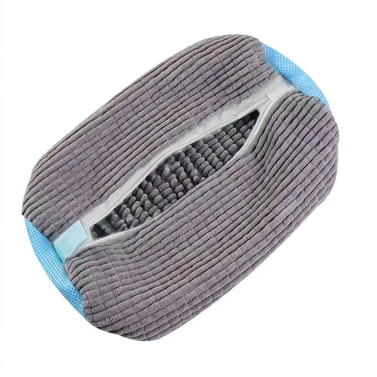 A reusable shoe washing bag in gray fabric with a blue trim and an invisible zipper.