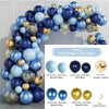 A collection of blue and gold foil balloons arranged in an arch, with a package listing 75 pieces including various sizes and