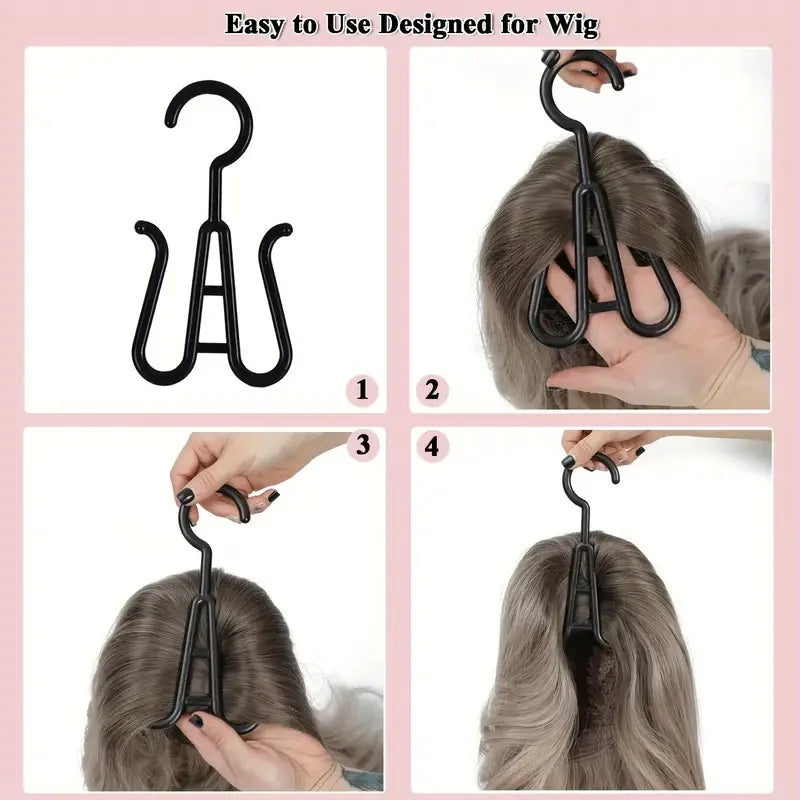 A set of black plastic wig hangers shown in various stages of use for styling hair.
