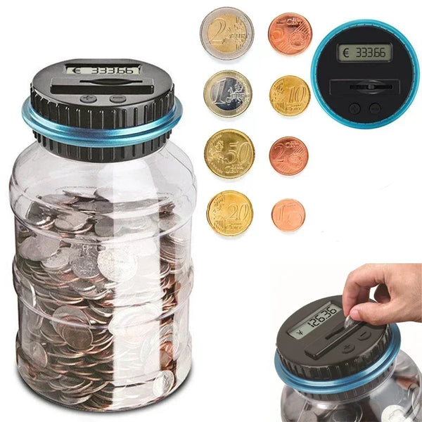 A clear glass jar filled with coins and a digital coin saving mechanism for storing currency.