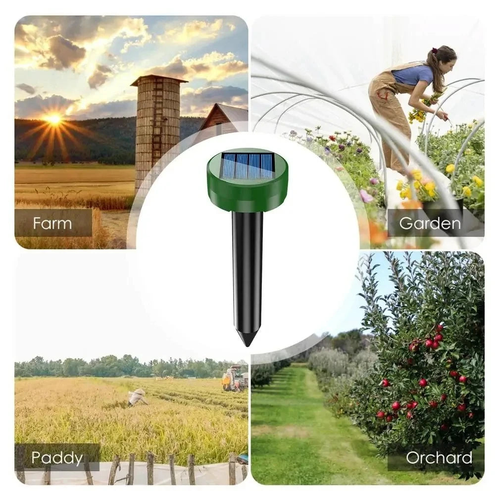 Solarer Ultraschall-Schädlingsabwehr gezeigt in verschiedenen landwirtschaftlichen Umgebungen wie Farm, Garten, Reisfeld und 