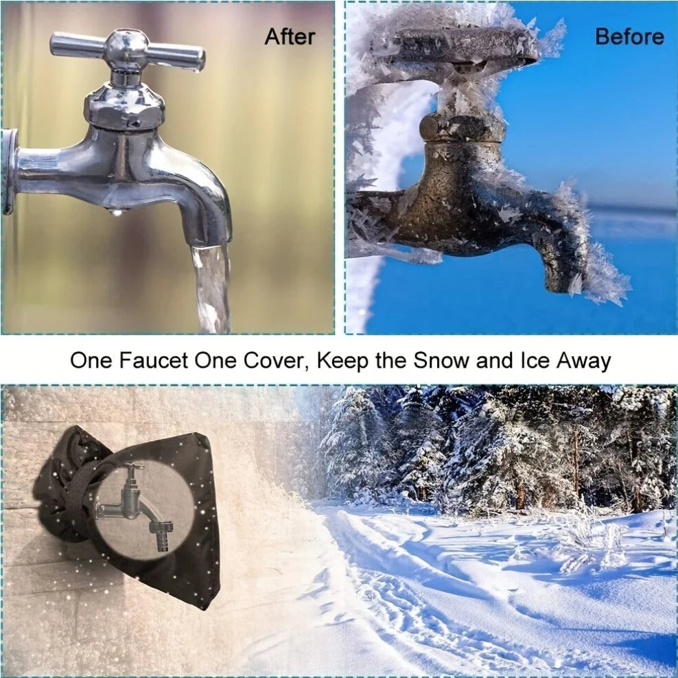 Comparison showing a faucet before and after using a reusable cover to keep snow and ice away from the outdoor fixture.