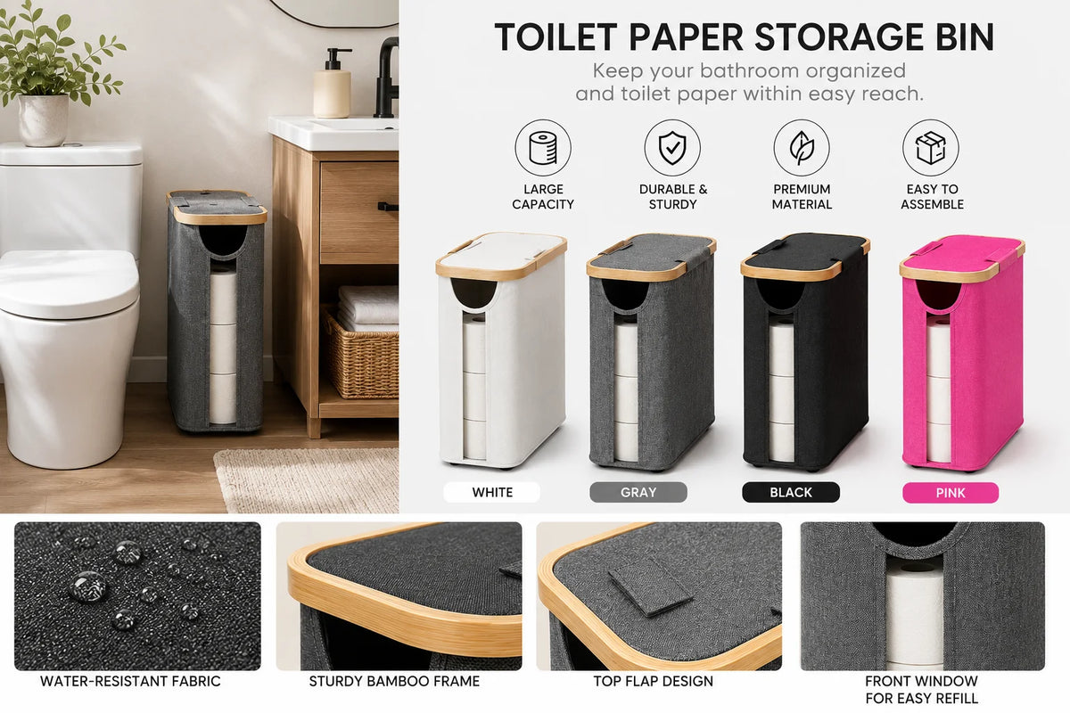 A collection of toilet paper storage bins in white, gray, black, and pink with various fabric and bamboo features.