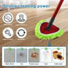 A red mop with a green cleaning head is shown next to various stains like water, hair, tomato sauce, dust, and coffee stain.