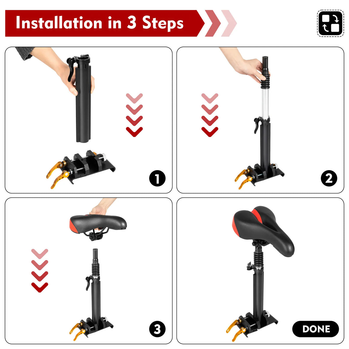 Three-step installation guide showing how to assemble an adjustable folding seat for an electric scooter.
