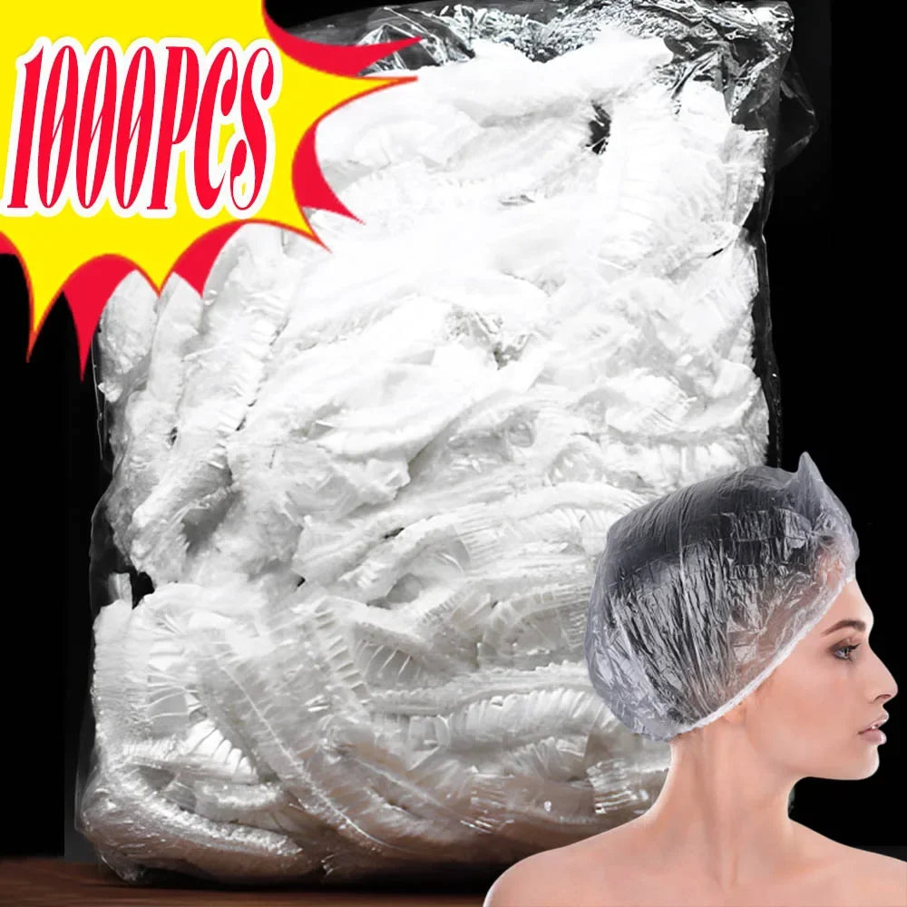A bundle of 1000 reusable disposable shower caps for hair protection shown next to a model's head.