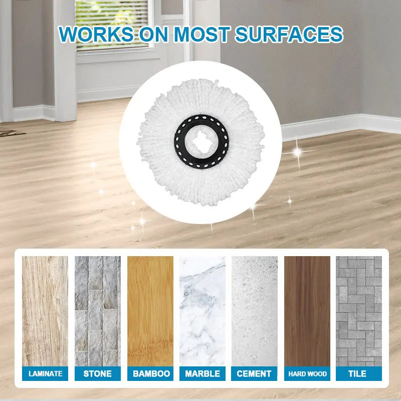 Producto que demuestra que la cabeza de trapo de microfibra giratoria de 360° funciona en diversas superficies como laminado,