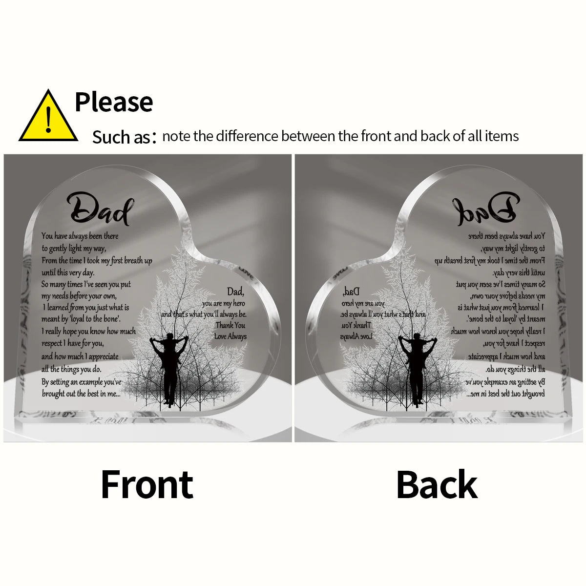 Comparison of the front and back of a heart-shaped acrylic keepsake plaque for Father's Day