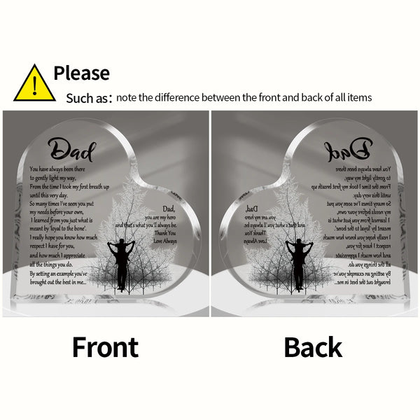 Comparison of the front and back of a heart-shaped acrylic keepsake plaque for Father's Day