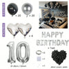 Bulk set of silver and black balloons including round, letter, and heart shapes for parties