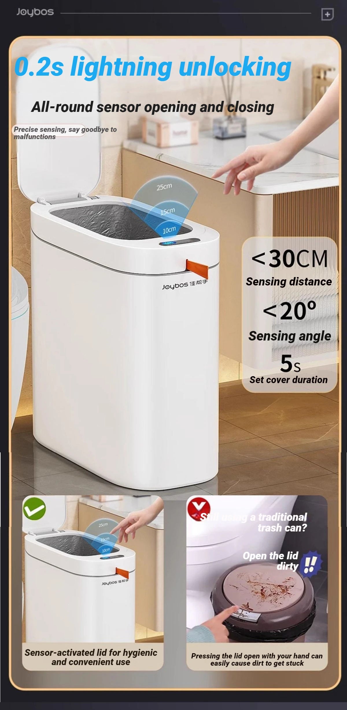 A white Joybos automatic sensor trash can demonstrating its opening and closing mechanism.
