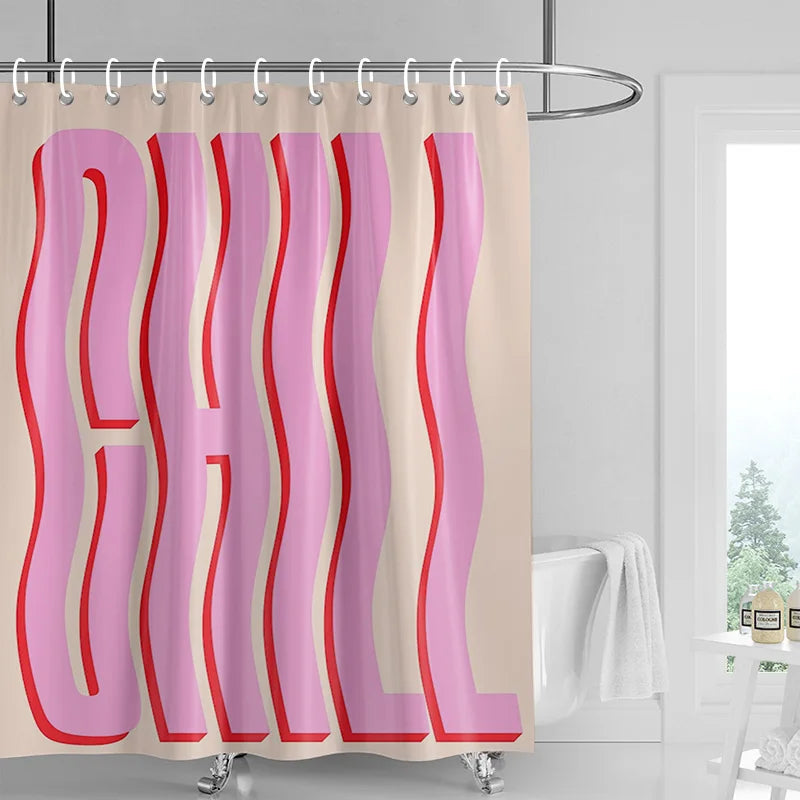 Pink and red abstract geometric art shower curtain featuring vertical wavy stripes.