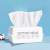A white box of disposable cotton tissue with icons showing uses for skin, menstrual period, and makeup removal.