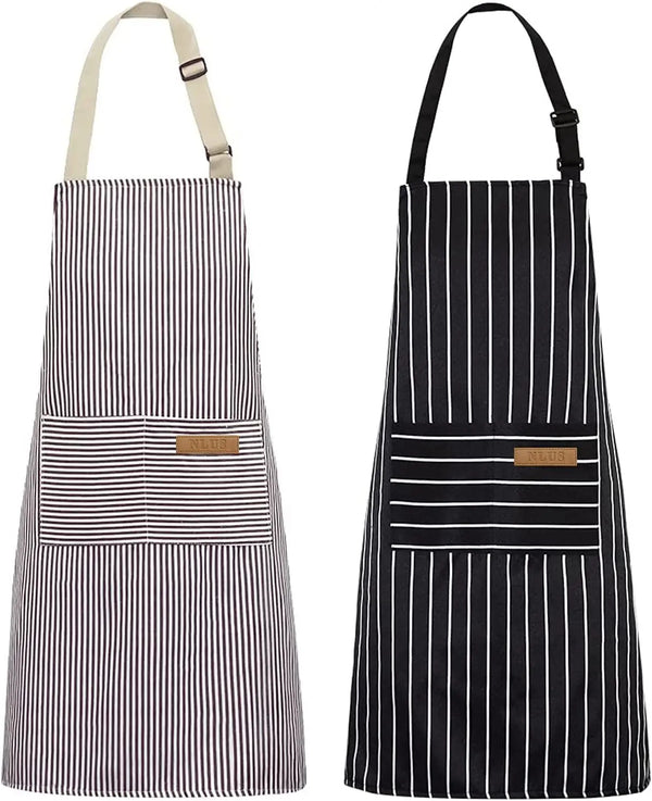 A black and white striped work apron with front pockets for kitchen or baking use.