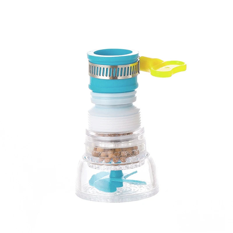 Klares Glas-Wasserhahn-Erweiterung mit blau-silberner rotierender Mechanismus und gelbem Griff.