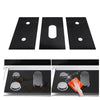Three black reusable anti-scratch protection pads for gas stoves shown alongside a stovetop.
