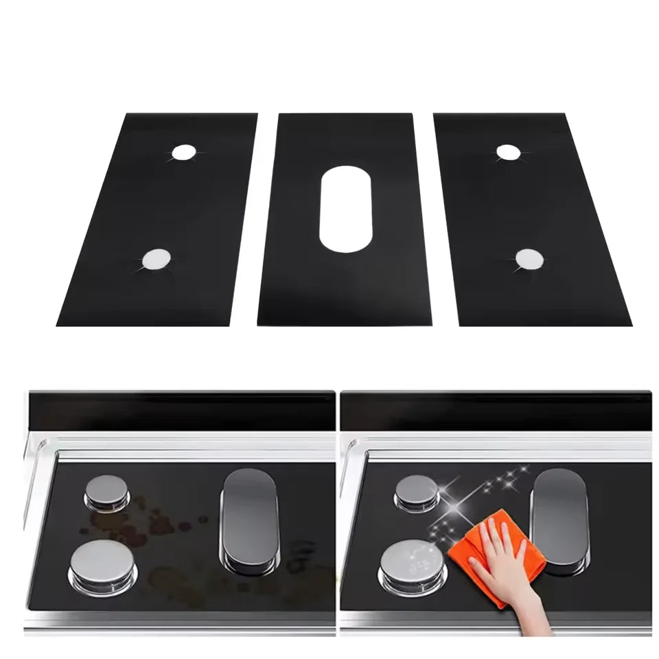 Three black reusable anti-scratch protection pads for gas stoves shown alongside a stovetop.