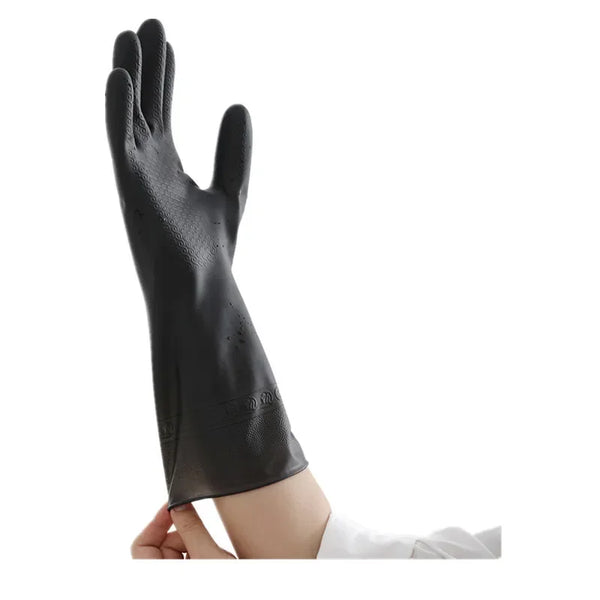 A black reusable rubber cleaning glove shown on a hand, ready for dishwashing or gardening work.