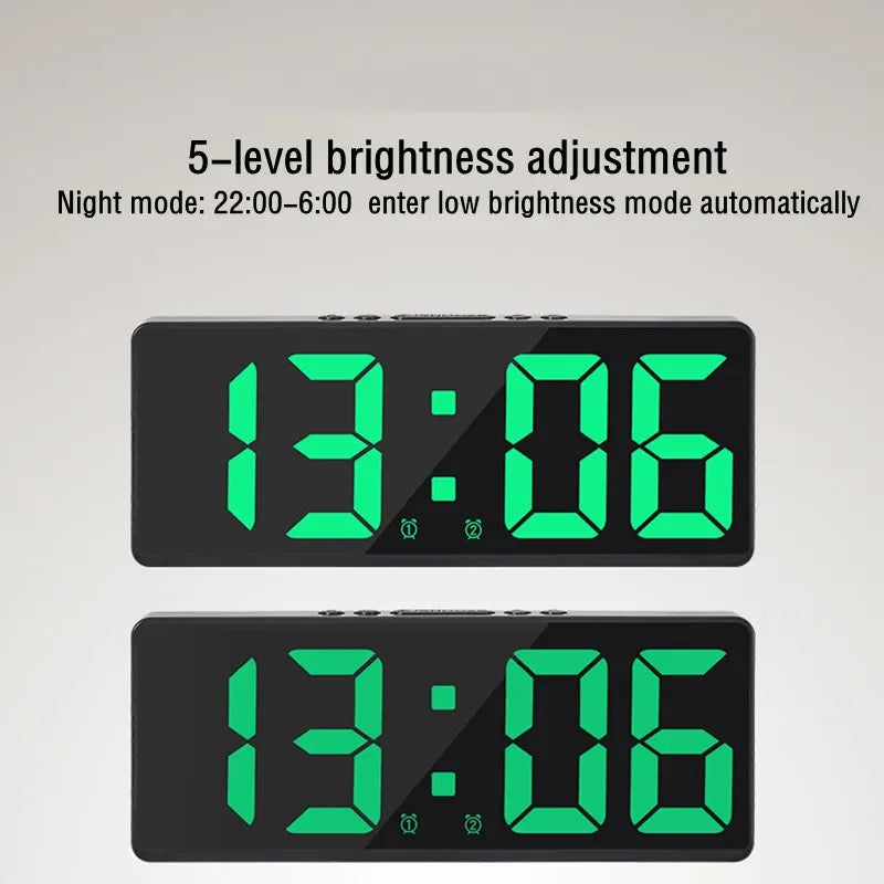 A digital alarm clock displaying 13:06 with a bright green display and dark gray casing.