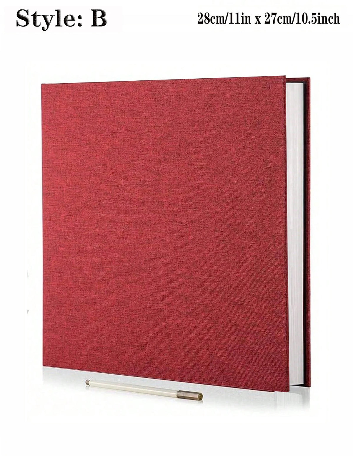 Rotes Leinen-Fotobuchalbum mit selbstklebendem Umschlag, weiße Seite sichtbar.