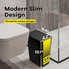 A black trash can with a yellow accent, shown next to a toilet, highlighting its slim design and dimensions.