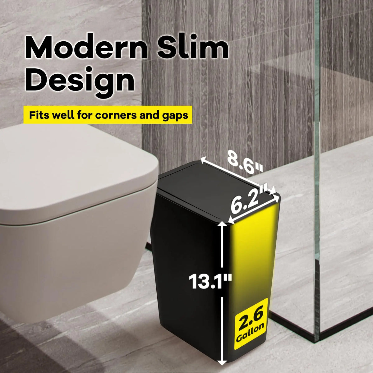 A black trash can with a yellow accent, shown next to a toilet, highlighting its slim design and dimensions.