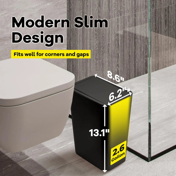 A black trash can with a yellow accent, shown next to a toilet, highlighting its slim design and dimensions.