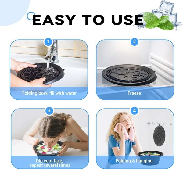 A set of portable silicone ice basins used for facial cooling, showing steps for filling, freezing, dipping, and hanging.