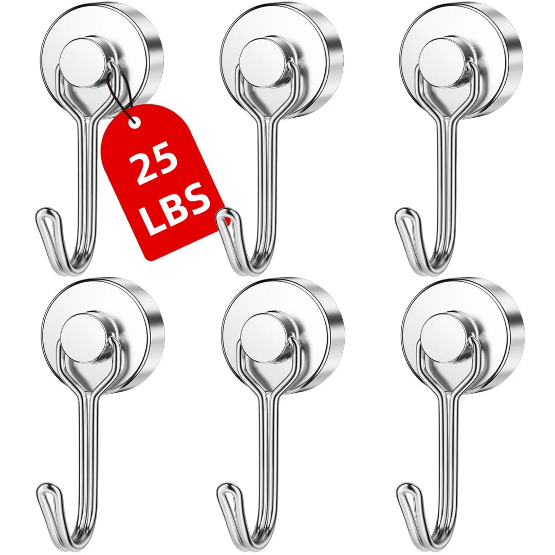 A set of heavy duty magnetic hooks in silver finish with a red tag indicating 25 lbs capacity.