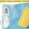 Before and after comparison showing reusable shoe cleaning bags simplifying the laundry process