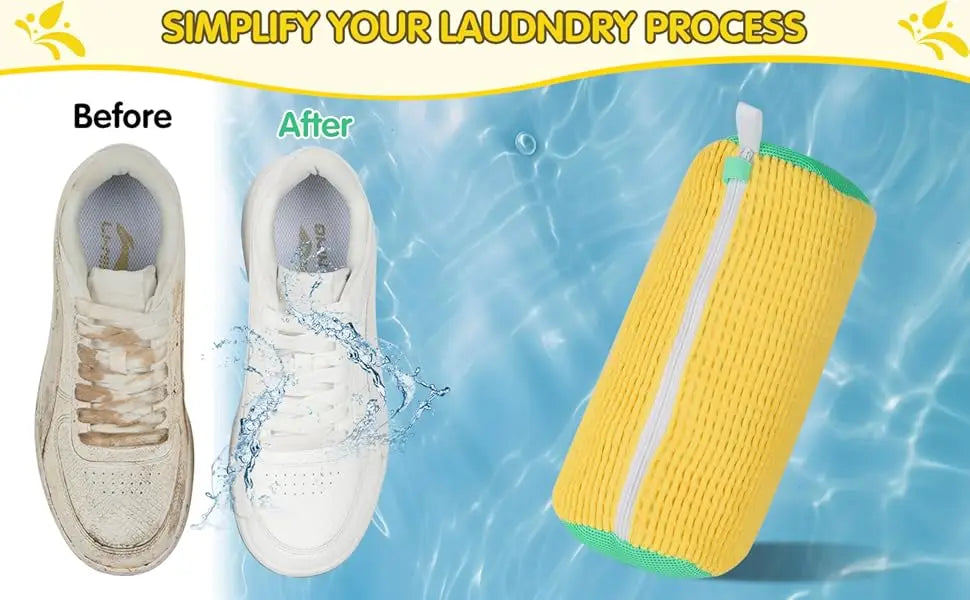 Before and after comparison showing reusable shoe cleaning bags simplifying the laundry process