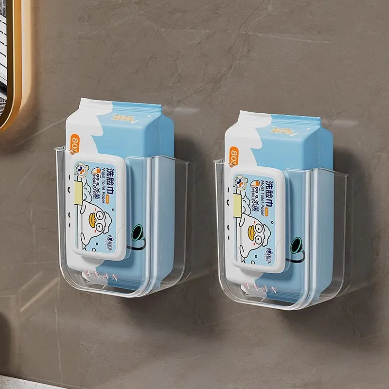 A wall-mounted dispenser for tissue and wipes, featuring a blue and white design.