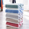 A stack of striped microfiber bath towels in various shades of blue, gray, and pink on a wooden floor.