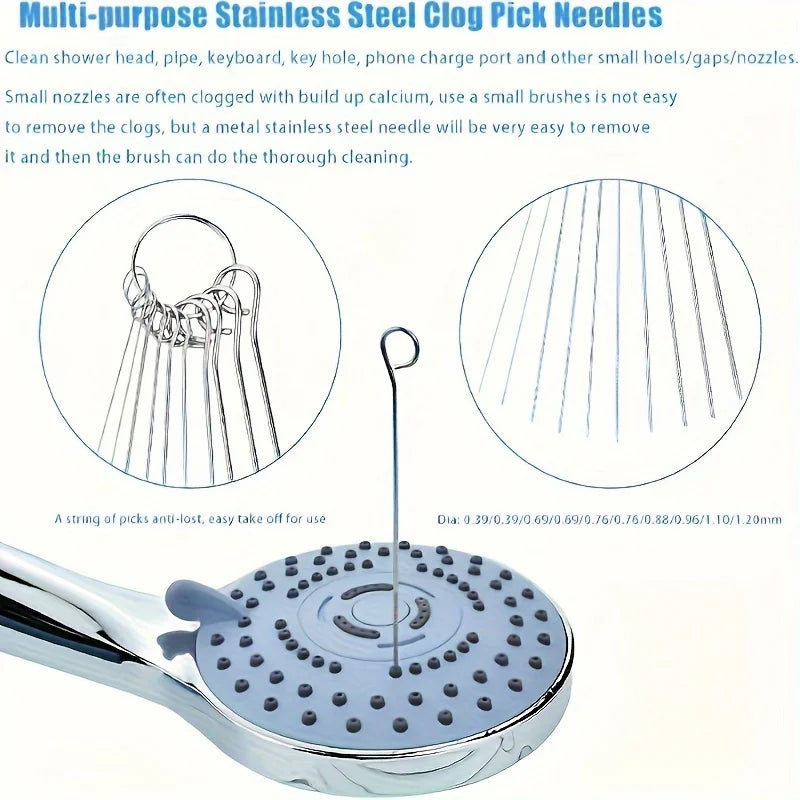 A stainless steel clog pick needle and a silicone cleaning brush are shown on a shower head.