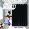 A pure black decorative shower curtain hanging on a rod, with stainless steel eyelets visible.