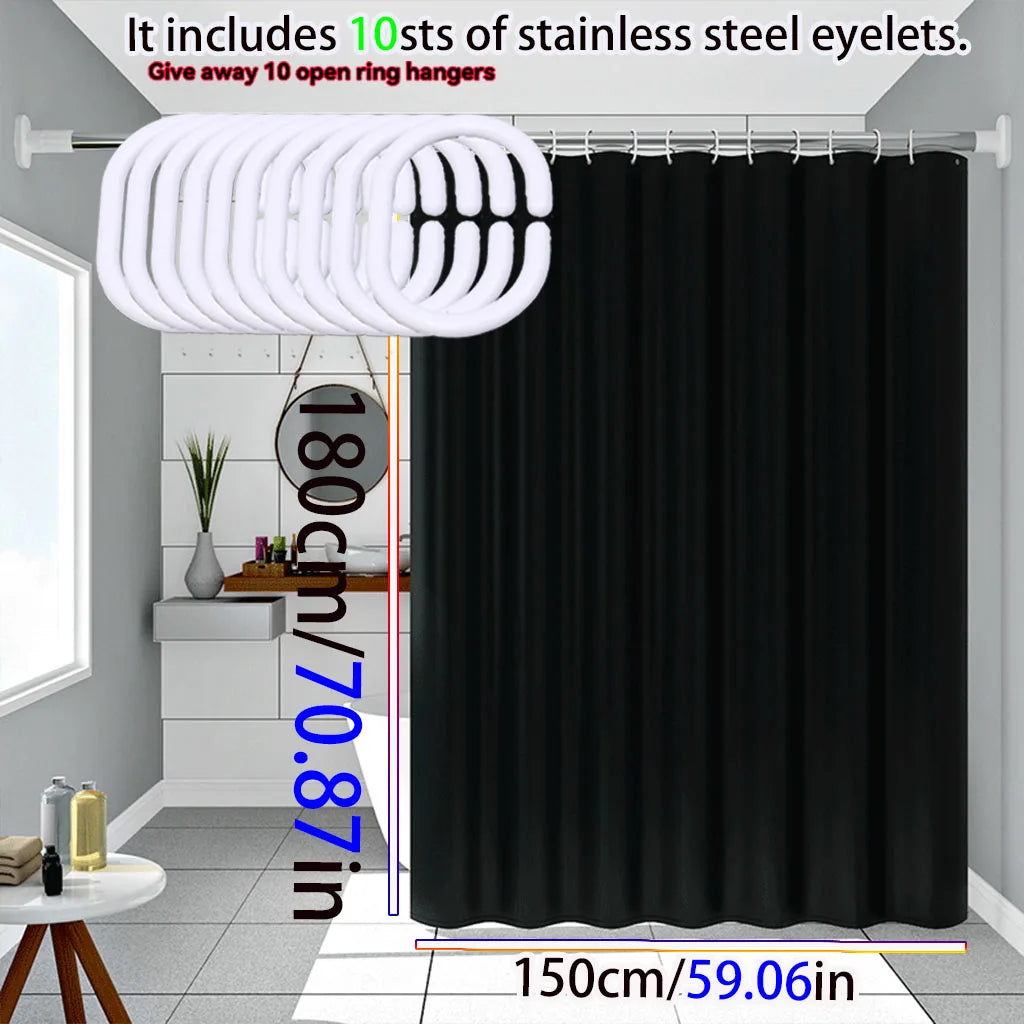 A pure black decorative shower curtain hanging on a rod, with stainless steel eyelets visible.