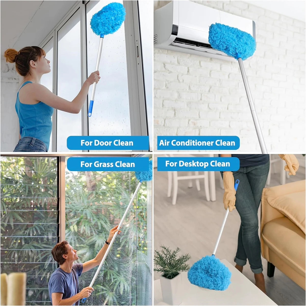 A set of extendable ceiling fan duster tools for cleaning doors, air conditioners, grass, and desktops.