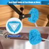 A blue fuzzy duster is shown cleaning the blade of a ceiling fan, demonstrating how to dust both sides at once.