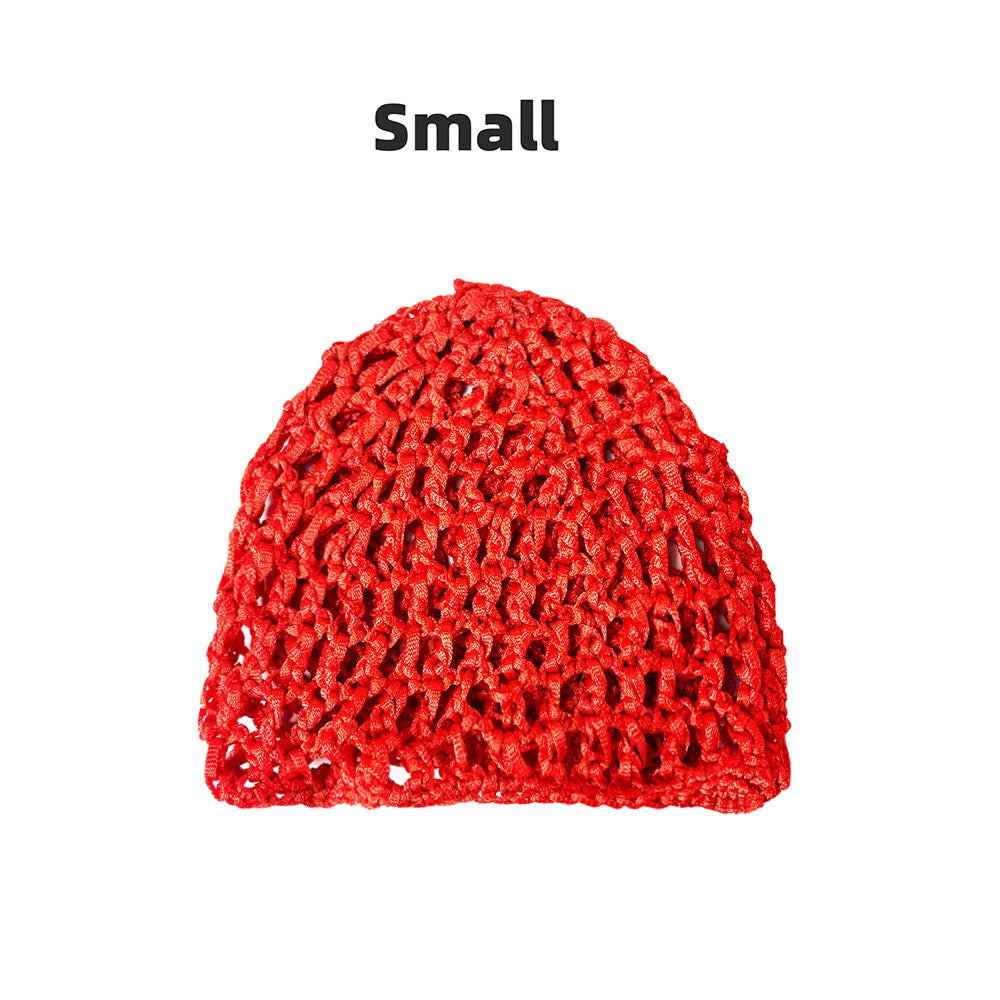 A small, red hand-crocheted mesh hair net cap.