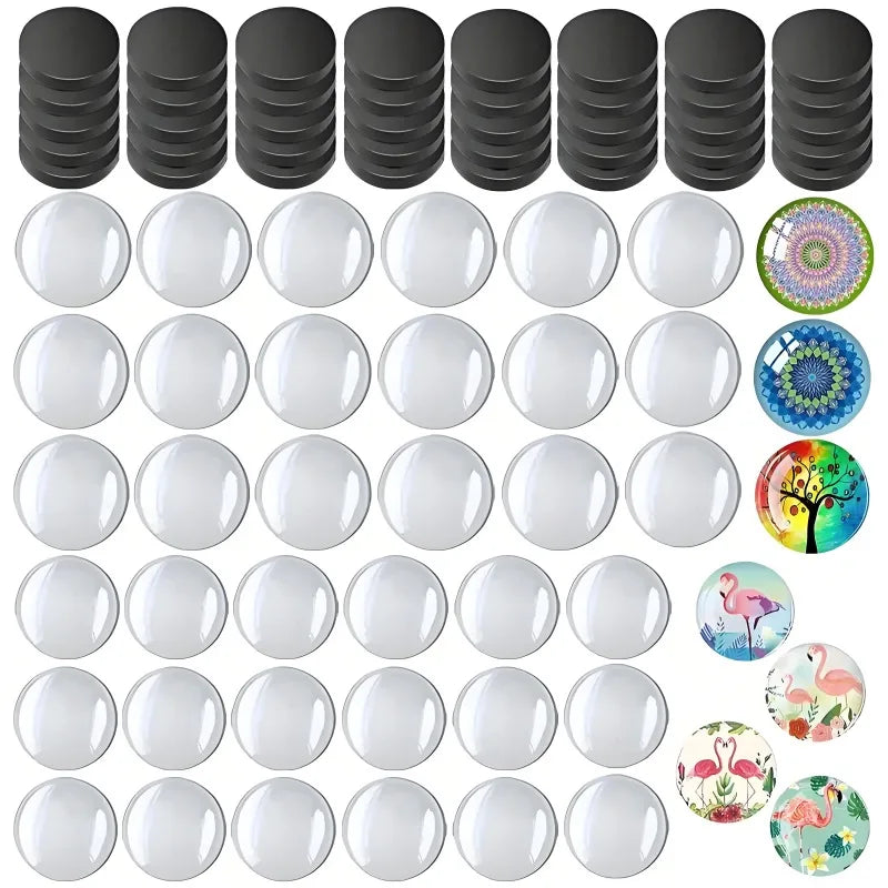 A collection of decorative glass refrigerator magnets featuring various colorful and patterned designs.