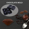 A chocolate mold and cocoa powder are shown on a dark surface with a spoon.