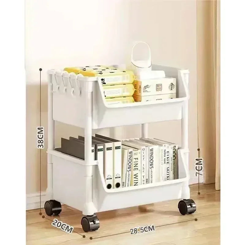 A white multi-tier rolling storage rack with drawers and shelves shown in a bright room.