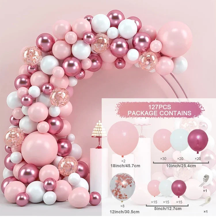 A pink and white round foil balloon garland kit featuring various shades of pink and white balloons.