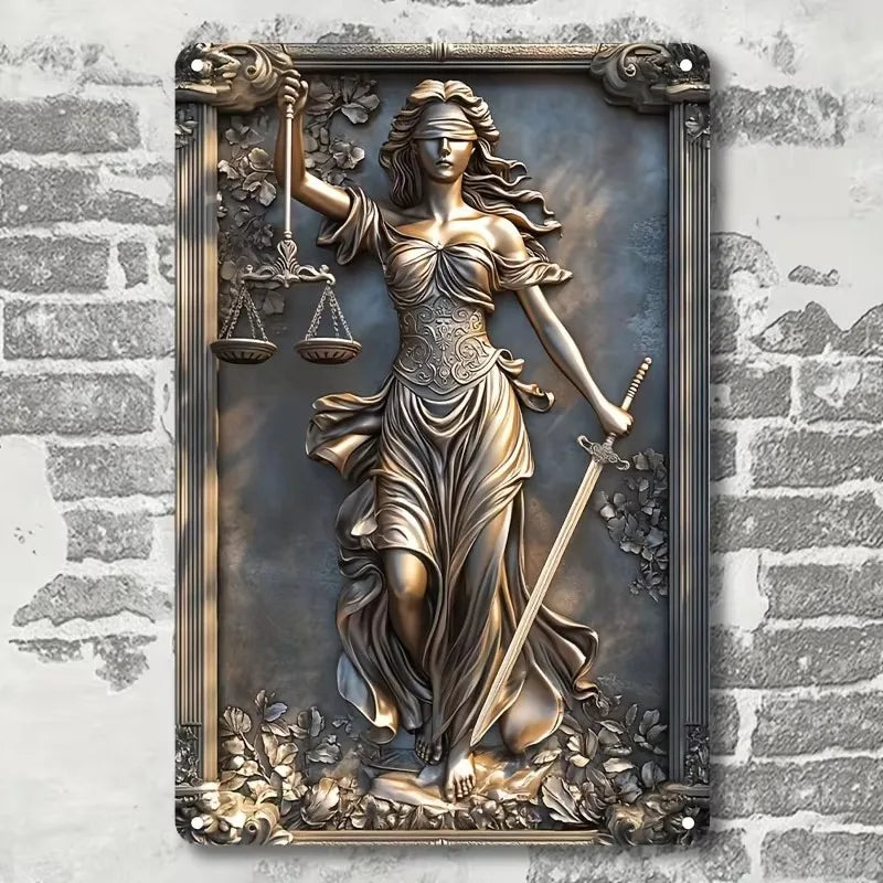 Placa de tono bronce que representa una figura femenina, posiblemente la Virgen de Guadalupe, sosteniendo una balanza y una e